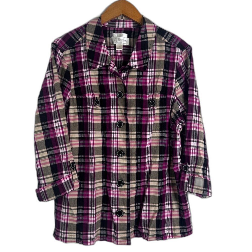 CJ Banks Stretch Burgundy Plaid Button Front 3/4 Sleeve Cotton Top Size 1X